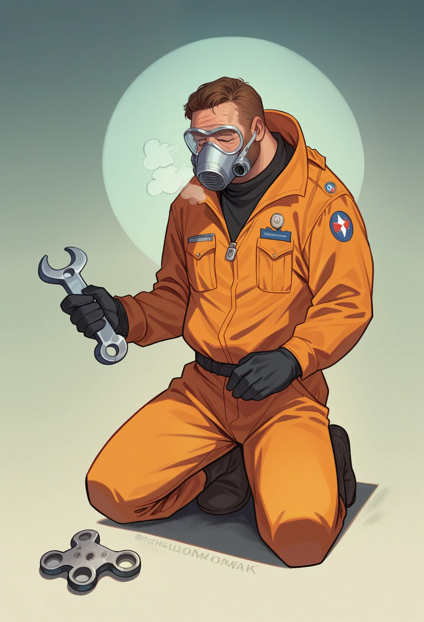 (Best quality, masterpiece: 1,1), Fantastic view of a humanoid alien, repairing a space rover, orange jumpsuit, breathing mask, in the hands of a monkey wrench, hyperrealistic, insanely detailed, this masterpiece of digital art can be compared with the wonderful works of Artgerm, Greg Rutkowski and Alphonse Mucha.
