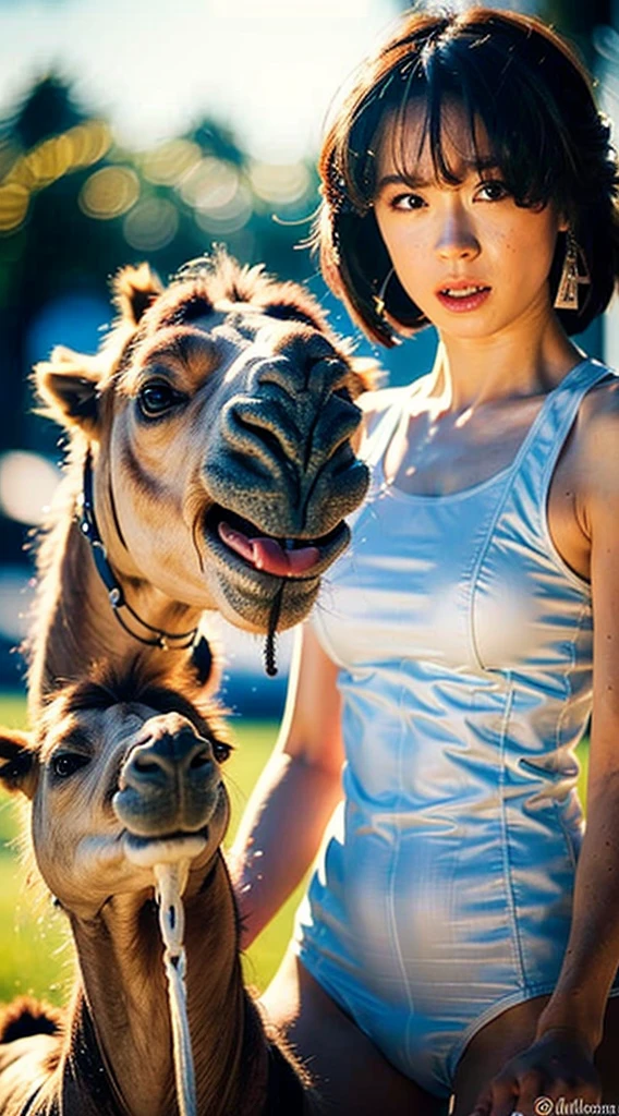 (Ultra-realistic), (figure), (High resolution), (8K), (Very detailed), (Best figure), (Beautiful attention to detail), (Highest quality), (Super detailed), (masterpiece), (wallpaper), (Detailed face), garden, Upper body close-up, Underarm, thick, short hair,Inner Color,alone,Girl in simple white tank top, Sweaty, Japanese, big , (Camel Toe)