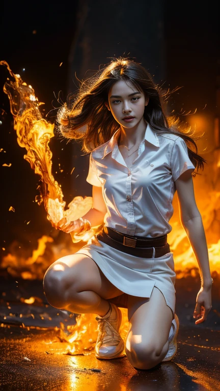 (fire element:1.1), knee shot, It consists of fire element,fire,transparency,burning,Frame print,burning hair,smoke,cloud,chopped, girl engulfed in flames, Flames fly and sparks scatter,mano burning,translucent luminescence, 18s woman in thai university uniform, long hair, white shirt, black tight mini skirt, brown belt, white sneakers, masterpiece:1.2, high detail, realistic, cinematic scene, fire goddess, perfect figure, 16k, close up, portrait photo, dynamic powerful pose