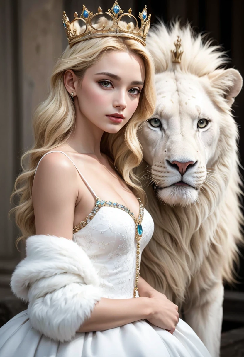 a beautiful woman, a white lion, a queen, covered in jewelry, detailed face, extremely detailed eyes, long eyelashes, detailed lips, detailed nose, 1girl, oil painting, intricate details, (best quality,4k,8k,highres,masterpiece:1.2),ultra-detailed,(realistic,photorealistic,photo-realistic:1.37),fantasy,concept art,dramatic lighting,vibrant colors,jewelry,crown,regal,majestic