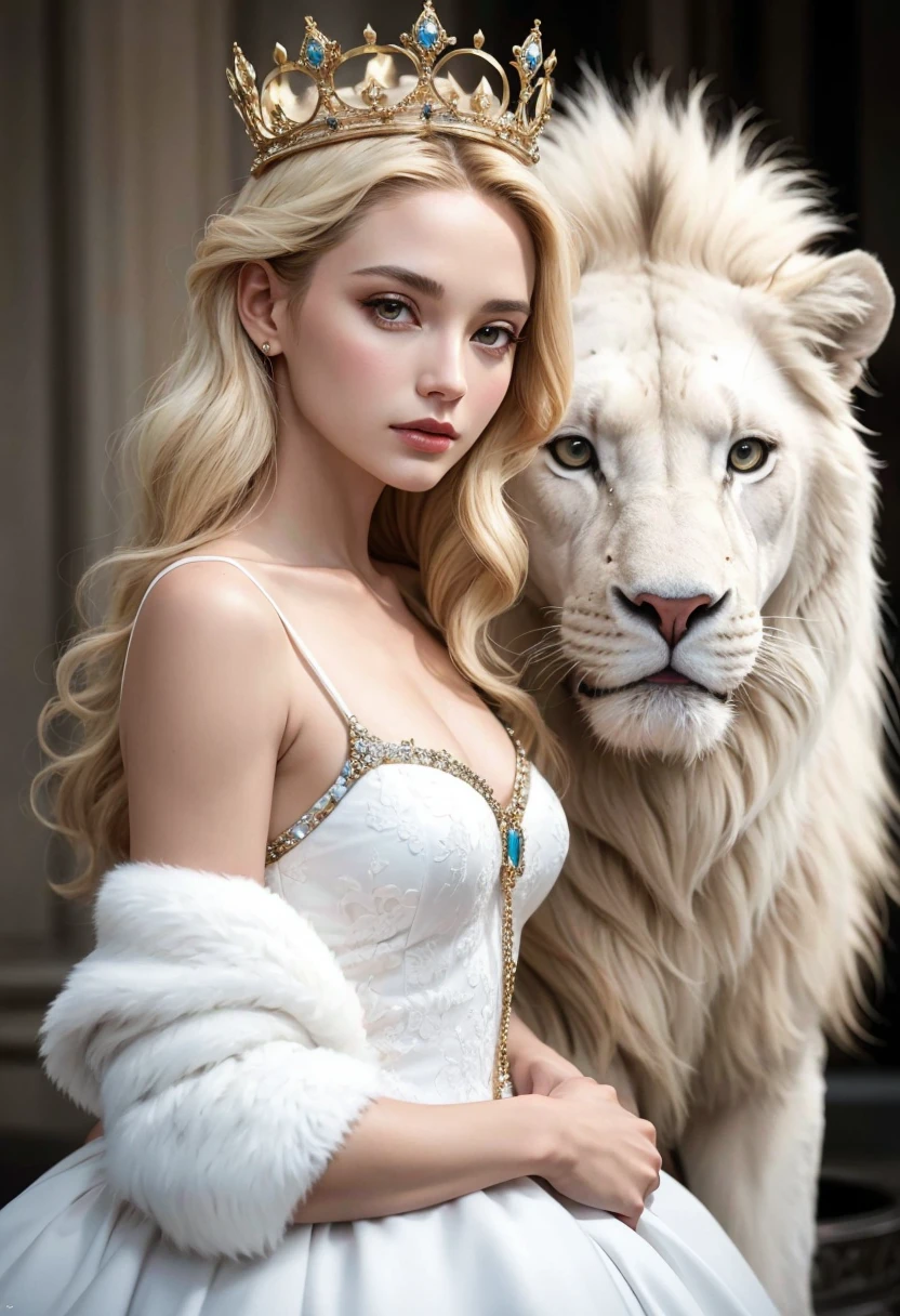 a beautiful woman, a white lion, a queen, covered in jewelry, detailed face, extremely detailed eyes, long eyelashes, detailed lips, detailed nose, 1girl, oil painting, intricate details, (best quality,4k,8k,highres,masterpiece:1.2),ultra-detailed,(realistic,photorealistic,photo-realistic:1.37),fantasy,concept art,dramatic lighting,vibrant colors,jewelry,crown,regal,majestic