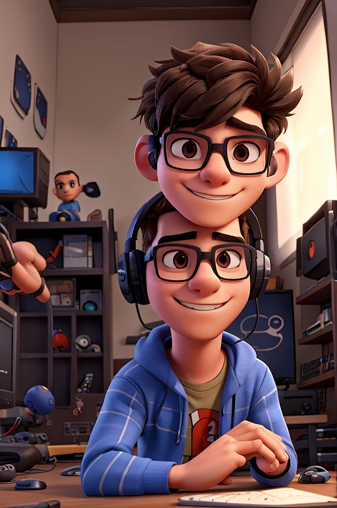 Creates an 18-year-old young man wearing glasses and gaming headphones inside a gamer room/ Disney