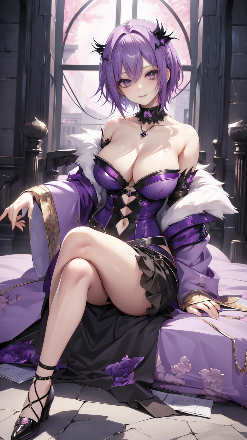 ​masterpiece, top-quality, ((1womanl)), different purple color, finely eye and detailed face, intricate detailes, Casual black and purple attire, window, A smile, Happiness, tenderness, high-level image quality、selfee, Beautuful Women、tall、a small face, D-cups, The upper part of the body、nightfall, nighttime scene、𝓡𝓸𝓶𝓪𝓷𝓽𝓲𝓬、Korea person, Idol Photos, Model photo, k pop, Professional Photos, Vampires, Korean fashion in black and purple, Fedoman with necklace, inspired by Sim Sa-jeong, androgynous vampire, :9 detailed face: 8, extra detailed face, detailed punk hair, ((eyes are deialed)) baggy eyes, Seductive. Highly detailed, semi realistic anime, Vampires, hyperrealistic teen, Delicate androgynous princess, imvu, ((short hair woman)), purple hair woman with wild look, ((Woman with short purple hair)), ((1 persons)), ((sitting, big perky breasts, deep cleavage, oily skin, oily body)), ((1 persons)), sitting, legs crossed, POV from below,))