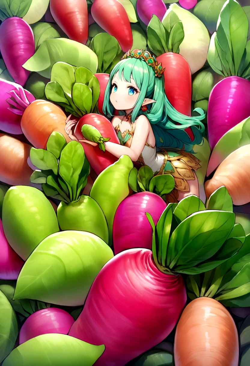 a fairy flying over a pile of Radishes , holding one Radish on her hand