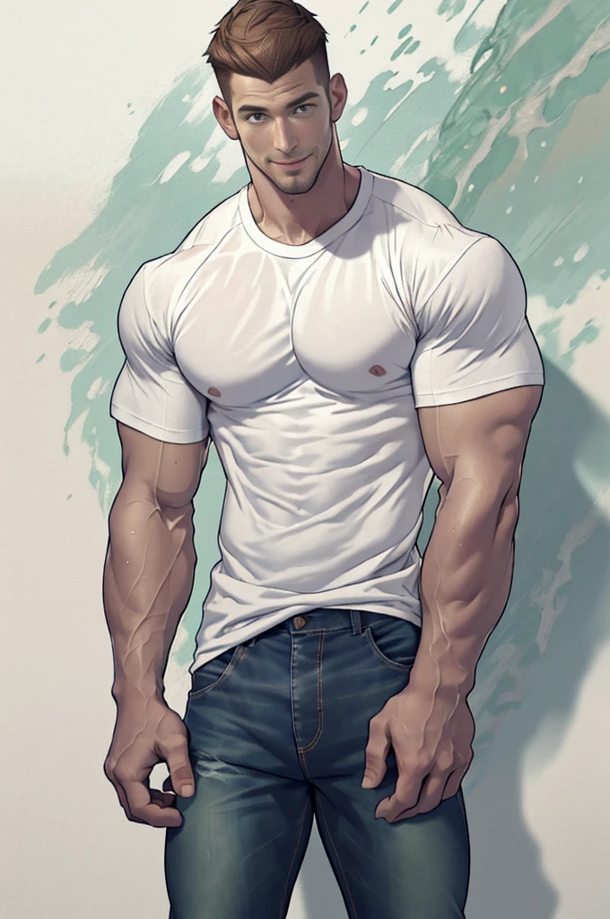 Clear background、A handsome tall man standing, He is 28 years old,Thin waist,The pectoral muscles are well developed, He is 175cm tall,Weight 62 kg、upper right corner of face、yellow-green eyes、brown hair color、short hair、White T-shirt、jeans、White long wet socks.looking into camera,Smile