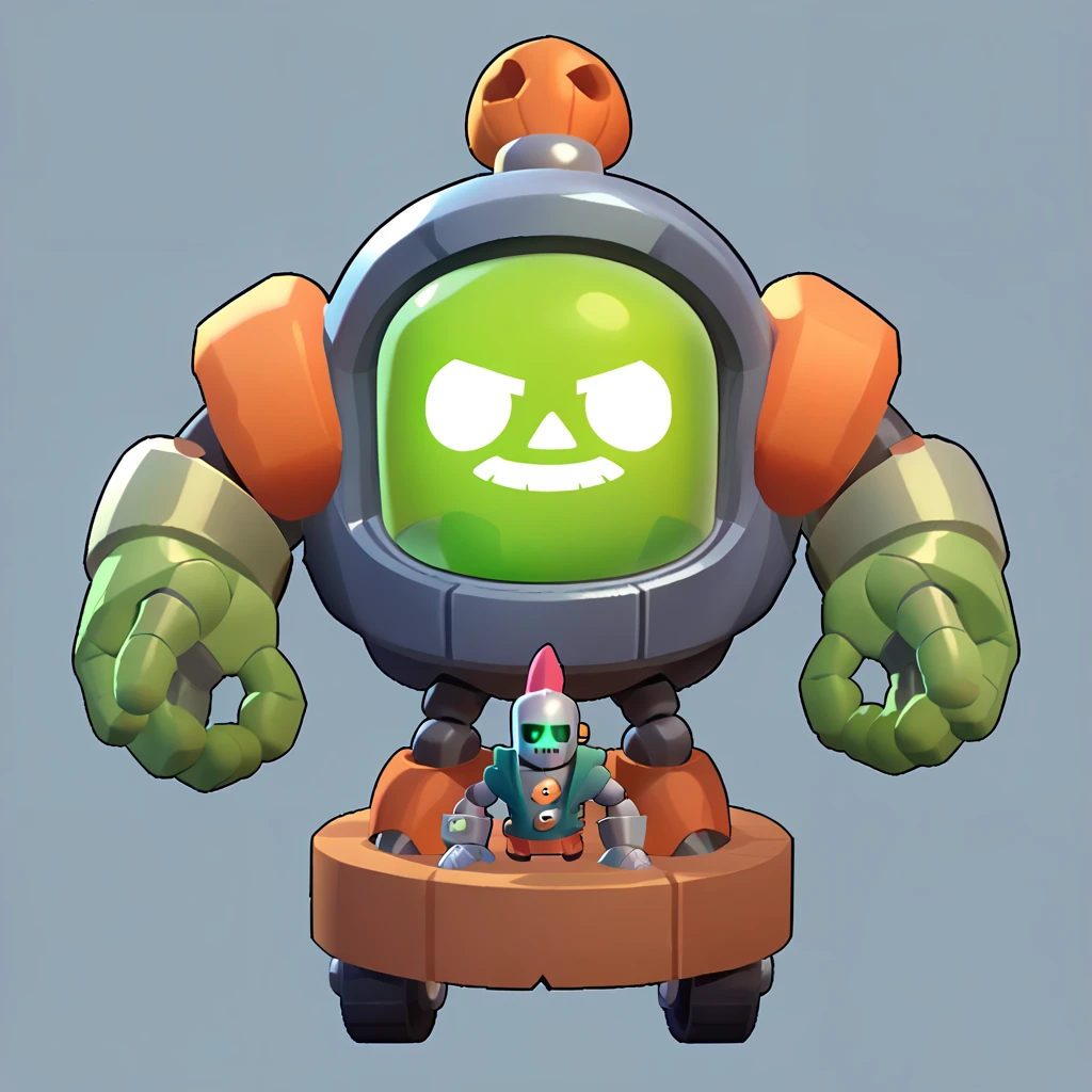 full view of the body of a robot mixed with an incubator, living skull in the incubator, transparent muscular green arm, robot, nuclear logo, brawl, brawl stars