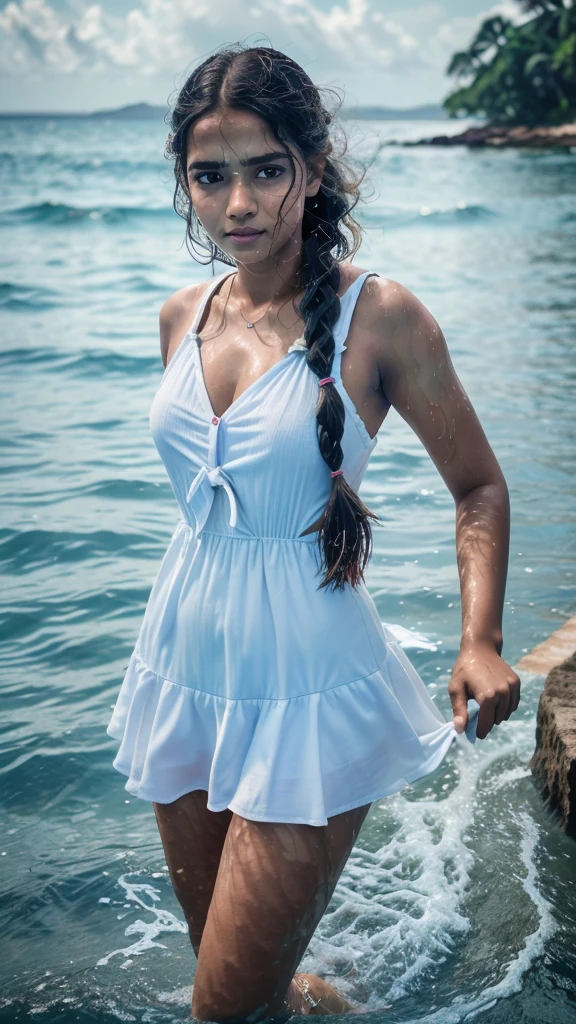 Raw photo , 1 girl , ((swimming in the sea )),Wearing white frock and color tie, white shoes ,sri lanka teen school girl, with plait , professional photographer, (hdr:1.4), masterpiece, ultra-realistic 8k, perfect artwork, intrincate details, cute face, award winning photograph, (Best quality, 8k, 32k, Masterpiece, UHD:1.3) ,