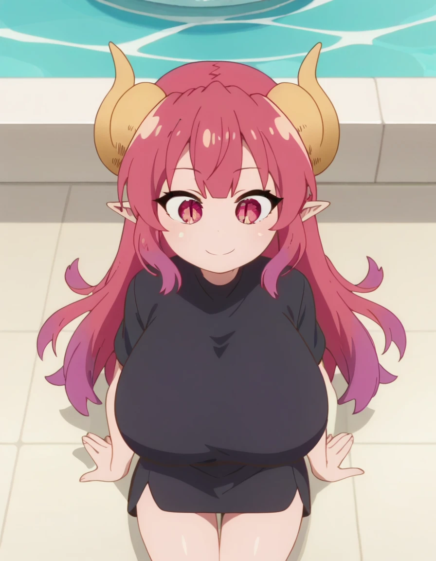 score_9, score_8_above, score_7_above, fountain_cheered up, cheered up screencap, black shirt, aboveper body, SMILE ,big breasts, perla, dragon girl, wide, pink hair, dragon horns, pointy ears, multicoloRed hair, Red hair, hits, slit paboveils, giant breasts,