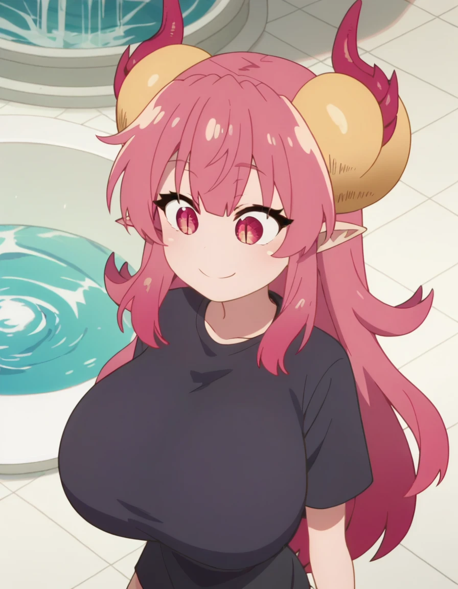 score_9, score_8_above, score_7_above, fountain_cheered up, cheered up screencap, black shirt, aboveper body, SMILE ,big breasts, perla, dragon girl, wide, pink hair, dragon horns, pointy ears, multicoloRed hair, Red hair, hits, slit paboveils, giant breasts,