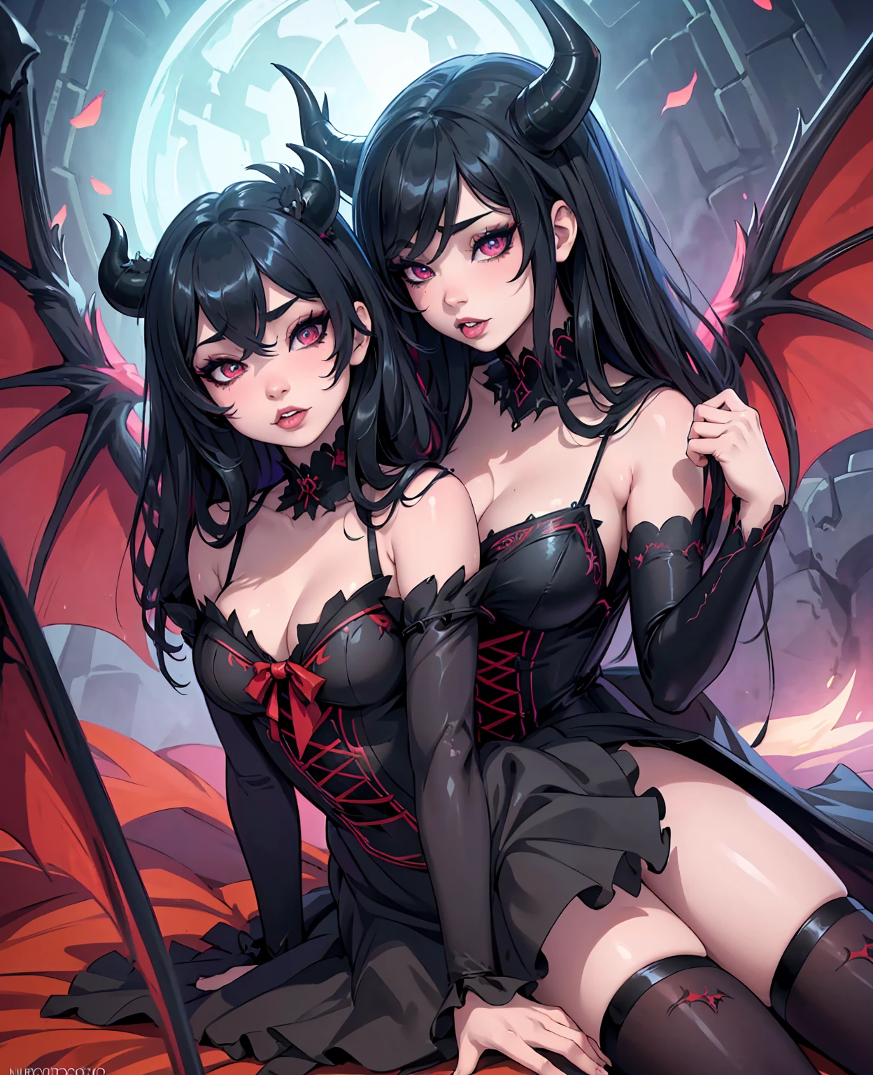 {-erro_de_anatomia:1.0} (best quality,4k,8k,highres,masterpiece:1.2) (masterpiece, top quality, best quality, official art, beautiful and aesthetic: 1.2), (1 woman: 1.3) Succubus girl, long black hair, yellow eyes, succubus wing, attractive, moonlight, dinamic poses, flying on the sky