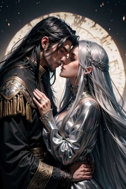 a very handsome man with long black hair in refined wizard clothing kissing a very beautiful woman with silver hair wearing a wizard outfit