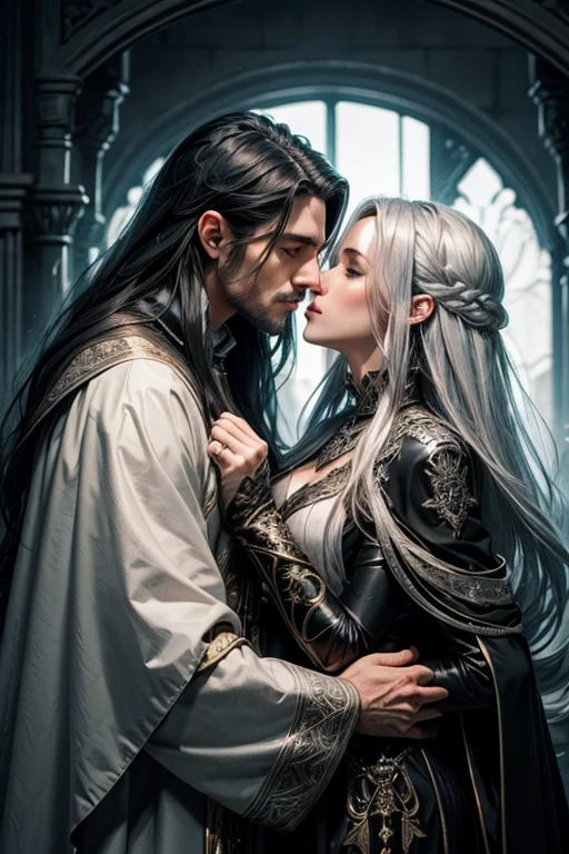a very handsome man with long black hair in refined wizard clothing kissing a very beautiful woman with silver hair wearing a wizard outfit