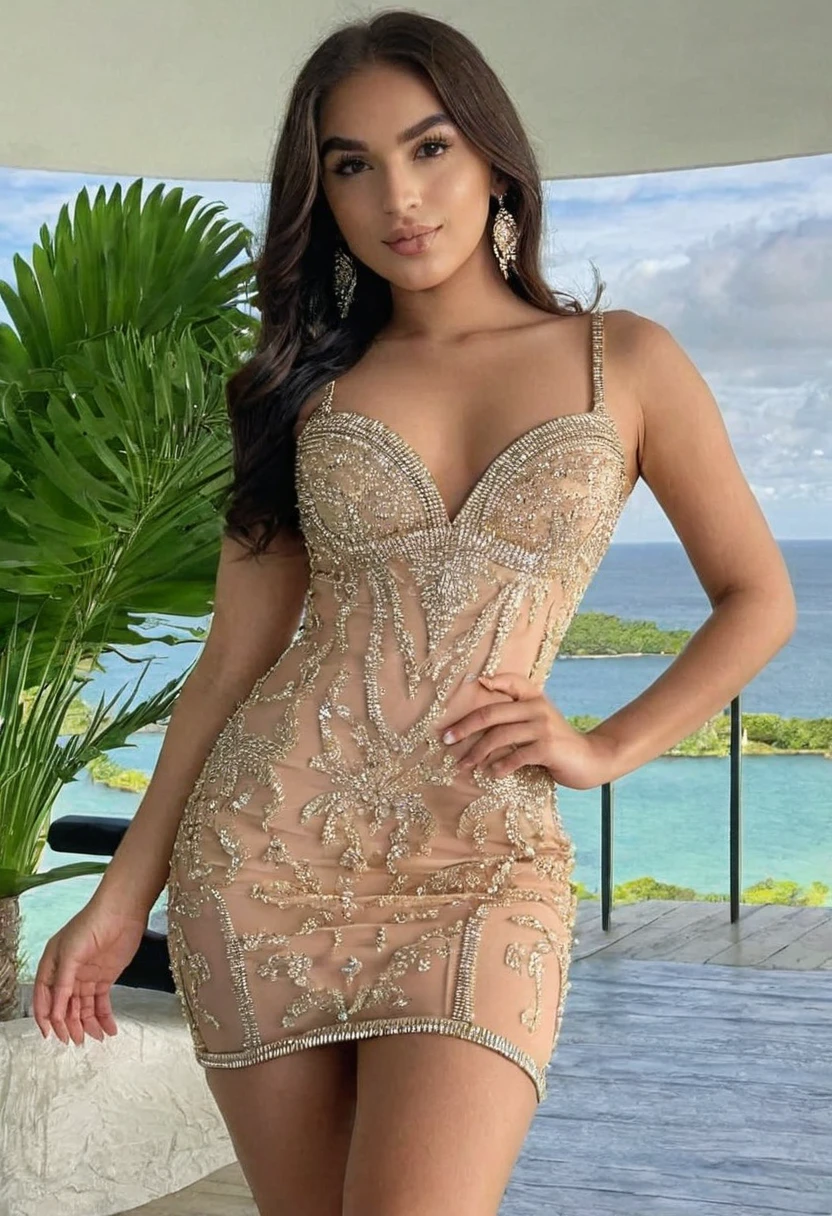 ((Best high quality:1.2)), (8k), extremely detailed, ((High detail:1.2)), Solo, ((24 years old pretty perfect south brazilian female:1.4)), (tight and short dress),
