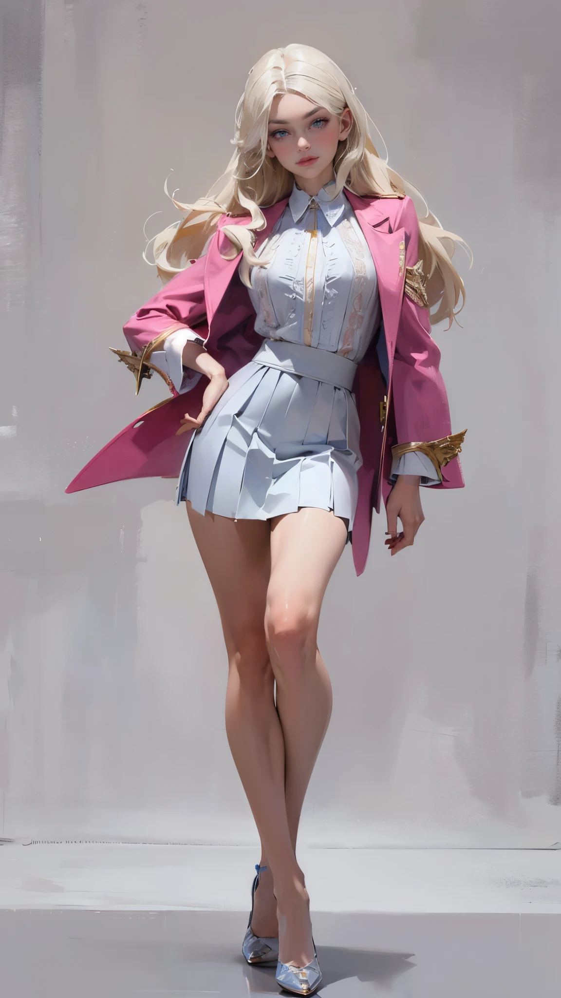 ((masterpiece,best quality,8k,highres)),((character concept art)), 1 female, young adult female, Anastasia Volkova, 18 years old, 175cm, (long, platinum blonde hair), platinum blonde hair, (fair skin colour), ultra finely detailed eyes (blue eyes colour), dazzling, graceful, confident, perfect body build ((slim)), ((intricate detail)), super finely detailed hands, ultra finely detailed fingers(((ten fingers))), wearing pink blazer jacket white shirt and white pencil pleated skirt, (standing with grace), ((full body showcase)), (show full body), (no logos on background), (no logo), ((plain background)), ((plain background)), (((empty background)))