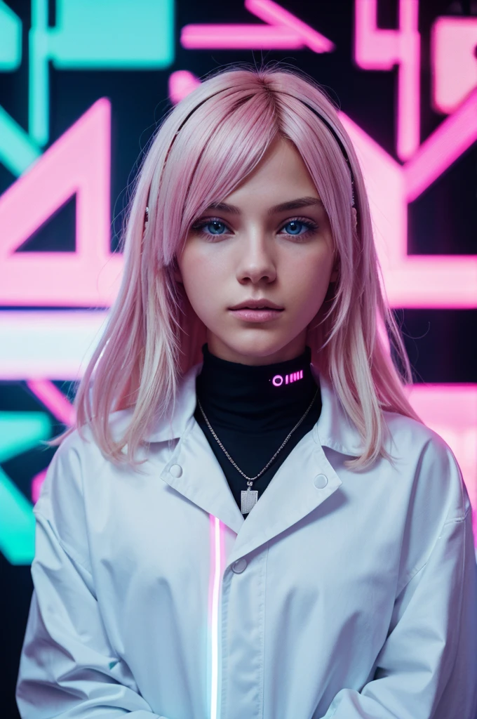 The central figure is a person is a boy with blonde hair, wearing a white outfit with a black collar.
The person has their hands together in a prayer-like gesture.
The person's eyes are obscured by a digital-looking black bar with the text "FT.WILLYYY" in white, glitchy font.
The background is vibrant with neon lights, predominantly in pink and blue hues, giving a cyberpunk aesthetic.