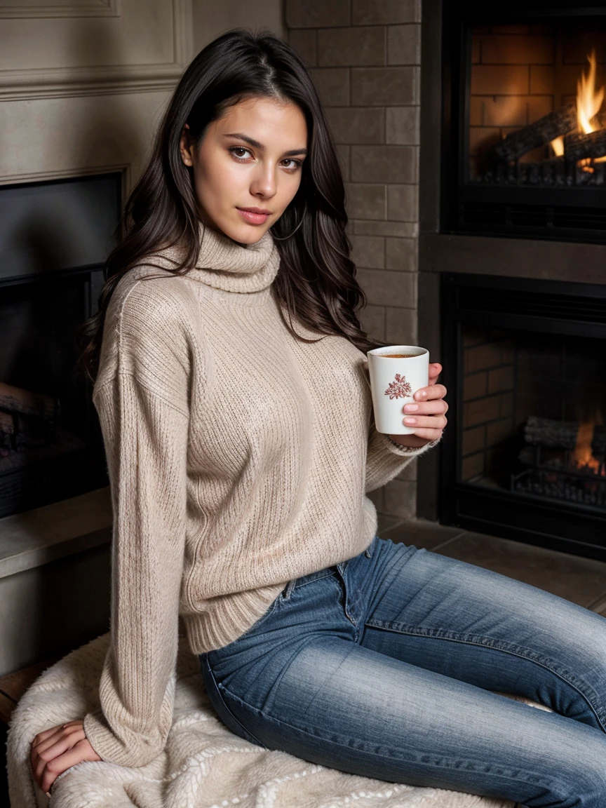 Sexy tall dark hair brunette, slightly wavy hair, 175cm tall, perfect body, in a cozy sweater and jeans, sitting by a fireplace, with a hot chocolate in hand, raw photo, realistic UHD, 8k, realistic skin shadows, realistic skin texture, playboy photoshoot, viki odintcova