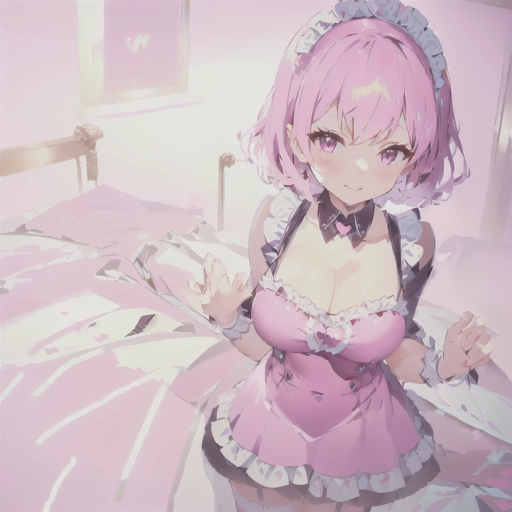 ((masterpiece)), ((best quality:1.2)), ((highly detailed)), (original), ((delicate background)), ((extremely detailed 8K wallpaper)), sweet, depth of field, fantasy,
BREAK
((1girl)), solo, cute girl, anime waifu girl, 20 years old, shiny skin,
BREAK
maid, ((classic maid dress)), ((wearing edgcatlingerie)), cat cutout, cleavage cutout, lots of frills, ((huge breasts)),
BREAK
curly hair, faint pink hair, short hair,
BREAK
((heart-shaped eyes)), pink eyes, tongue out, blush, sweating,
BREAK
full body shot, ((on the bed)), looking at the viewer,