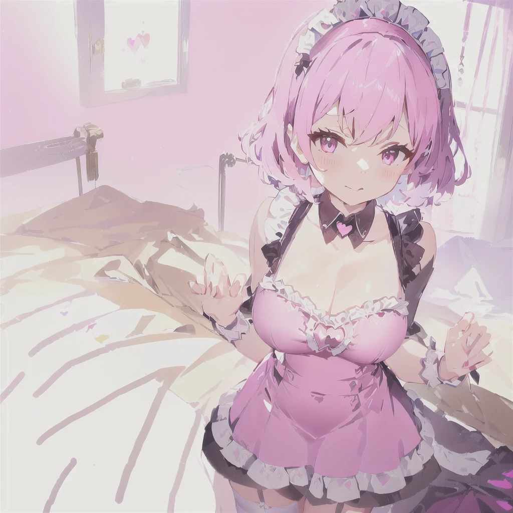((masterpiece)), ((best quality:1.2)), ((highly detailed)), (original), ((delicate background)), ((extremely detailed 8K wallpaper)), sweet, depth of field, fantasy, 
BREAK 
((1girl)), solo, cute girl, anime waifu girl, 20 years old, shiny skin, 
BREAK 
maid, ((classic maid dress)), ((wearing edgcatlingerie)), cat cutout, cleavage cutout, lots of frills, ((huge breasts)), 
BREAK 
curly hair, faint pink hair, short hair, 
BREAK 
((heart-shaped eyes)), pink eyes, tongue out, blush, sweating, 
BREAK 
full body shot, ((on the bed)), looking at the viewer, 