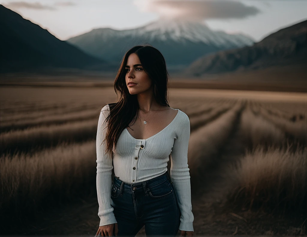 slight smile, cinematic photo professional full body photography of a beautiful (((ohwx woman))), Nikon Z9, 35mm photograph, film, bokeh, professional, 4k, highly detailed, muted colors
huge tits, huge breasts, huge
(photo from the profile:1.2)
A figure standing alone in a vast, open field under a grey sky, reflecting the bleak and expansive landscapes in "Alps".