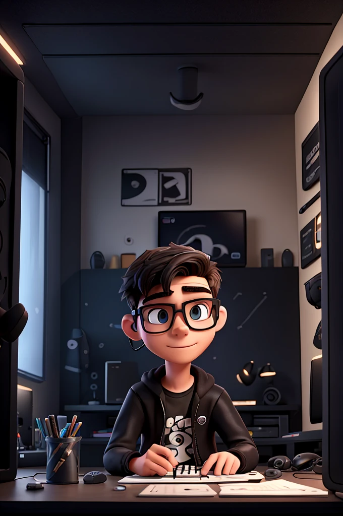 Creates an 18-year-old young man wearing glasses and gaming headphones inside an all-black room with gaming LEDs and him playing on the PC/ Disney