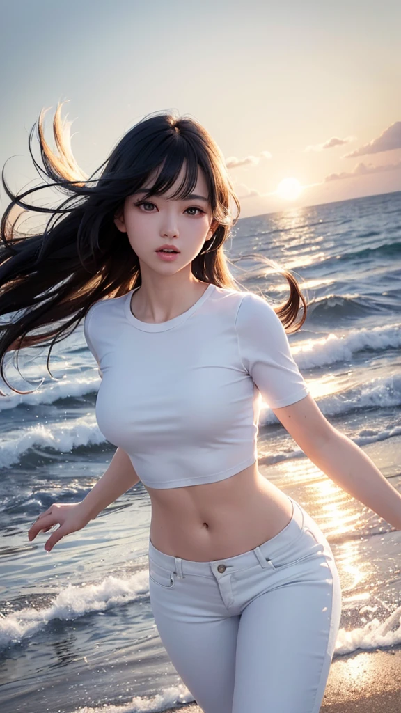 (logo、masterpiece、8k、Tabletop、RAW Photos、wonderful、最high quality、Photorealistic and Very detailed CG integrated 8k wallpaper、high quality、Very detailed、Narrative poem、Particle Effects、Dynamic Effects、Written boundary depth、Cinematic Light、Lens flare、Ray Tracing)、Fantasy、 (One beautiful woman、White Pants、White T-shirt、White tube top、White crop top、Black-haired、Beautiful Face、True Face、Beautiful details、eye、Beautiful Skin、Ultimate Body、glamorous)、私の髪はWindに舞う、Hair flutters in Wind、Hair bounces、Petals fluttering、wonderful scenery、sunrise、Sun in the background、Wind