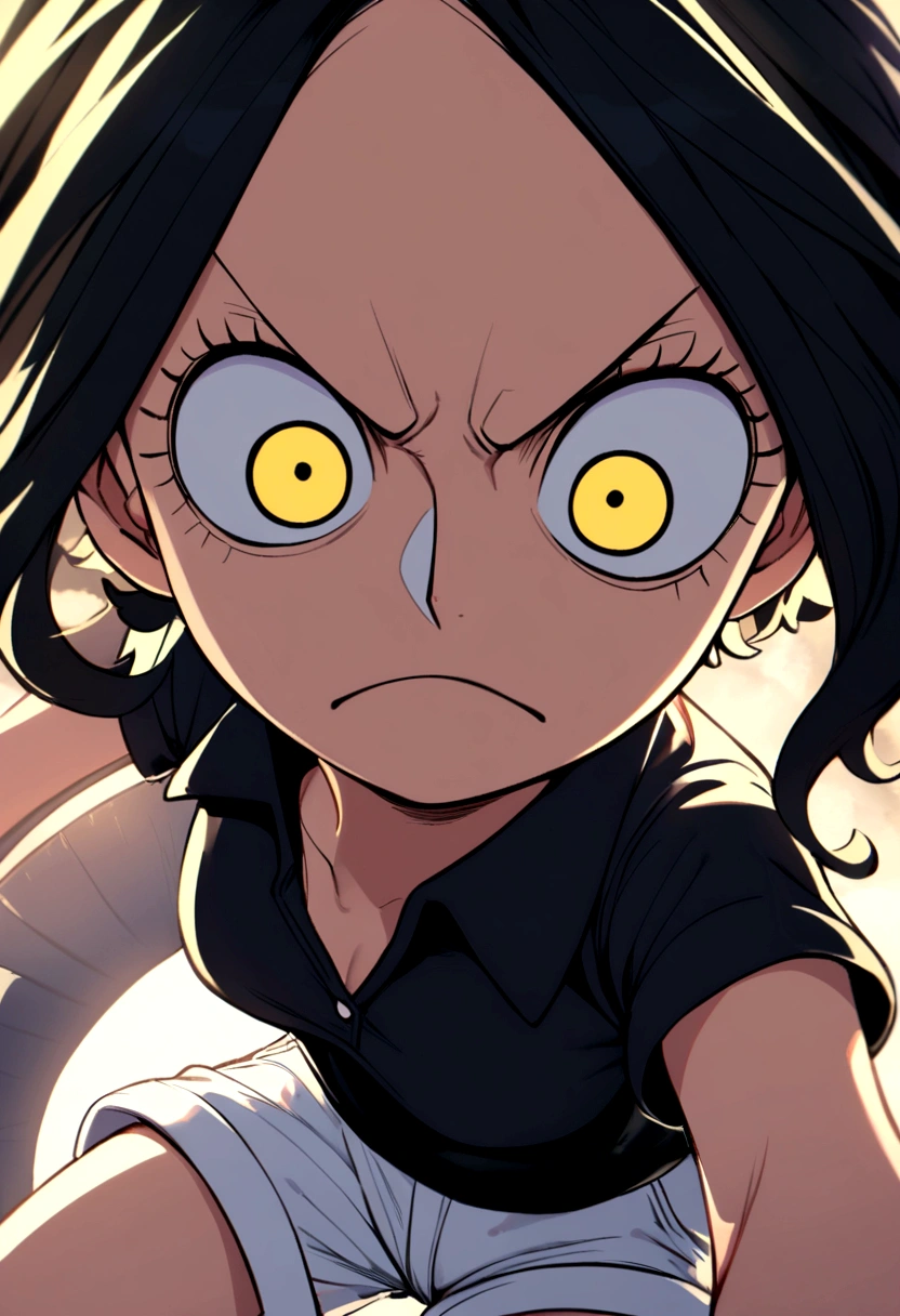 one piece character, cute girl,short black hair, yellow eyes, with white shorts,black polo, slanted eyes, serious expression,