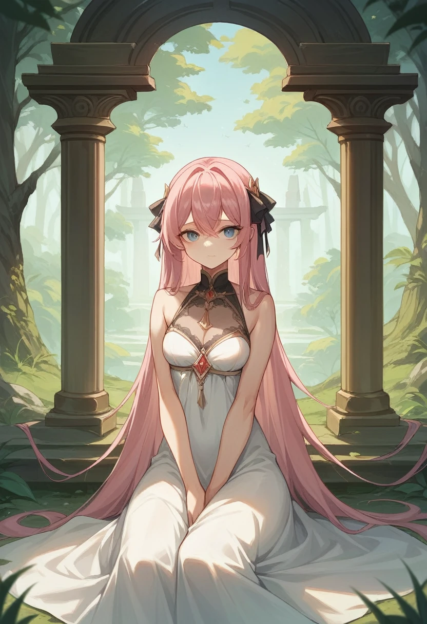 ((Highest quality)), ((masterpiece)), (detailed), ((Perfect Face)),Lilia, One Girl、Pink Hair、blue eyes、White dress with black lace、large pink ribbon on the chest、in the forest、temple、Sitting、Shyly