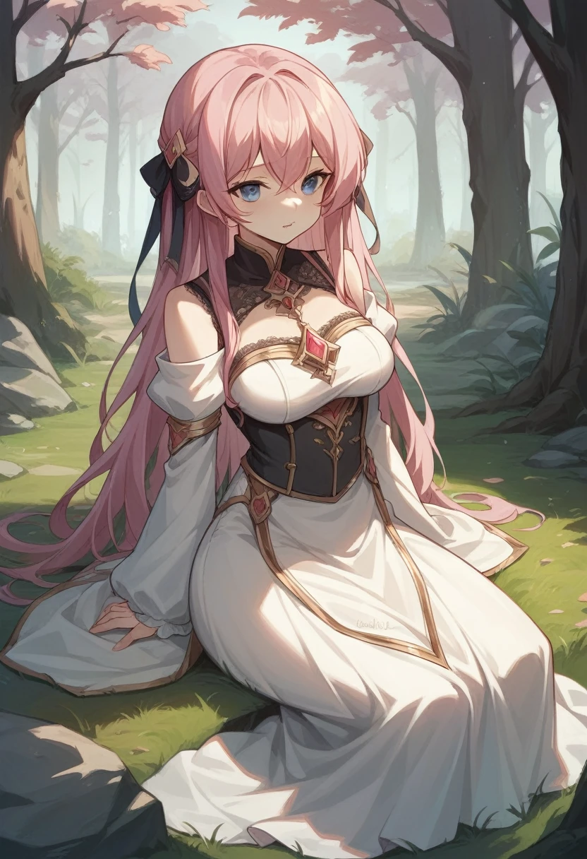 ((Highest quality)), ((masterpiece)), (detailed), ((Perfect Face)),Lilia, One Girl、Pink Hair、blue eyes、White dress with black lace、large pink ribbon on the chest、in the forest、temple、Sitting、Shyly