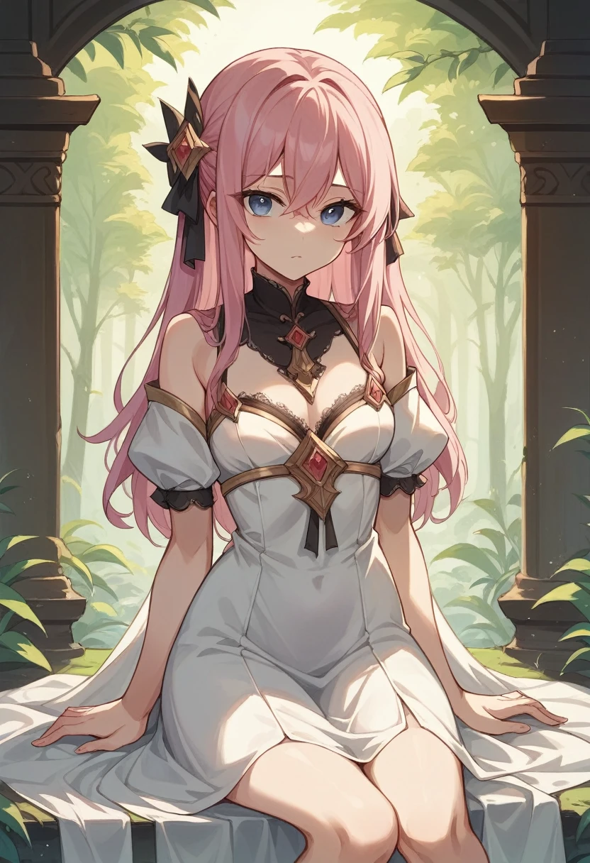 ((Highest quality)), ((masterpiece)), (detailed), ((Perfect Face)),Lilia, One Girl、Pink Hair、blue eyes、White dress with black lace、large pink ribbon on the chest、in the forest、temple、Sitting、Shyly