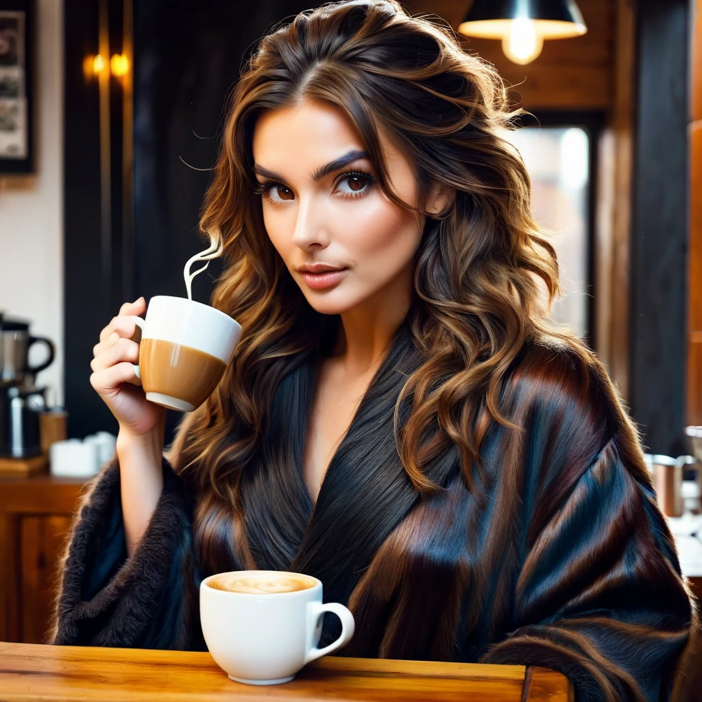 
bearded lady stubble beard shaggy, brown eyes, wet brown hair slicked back, big nose, in dressing gown serves coffee