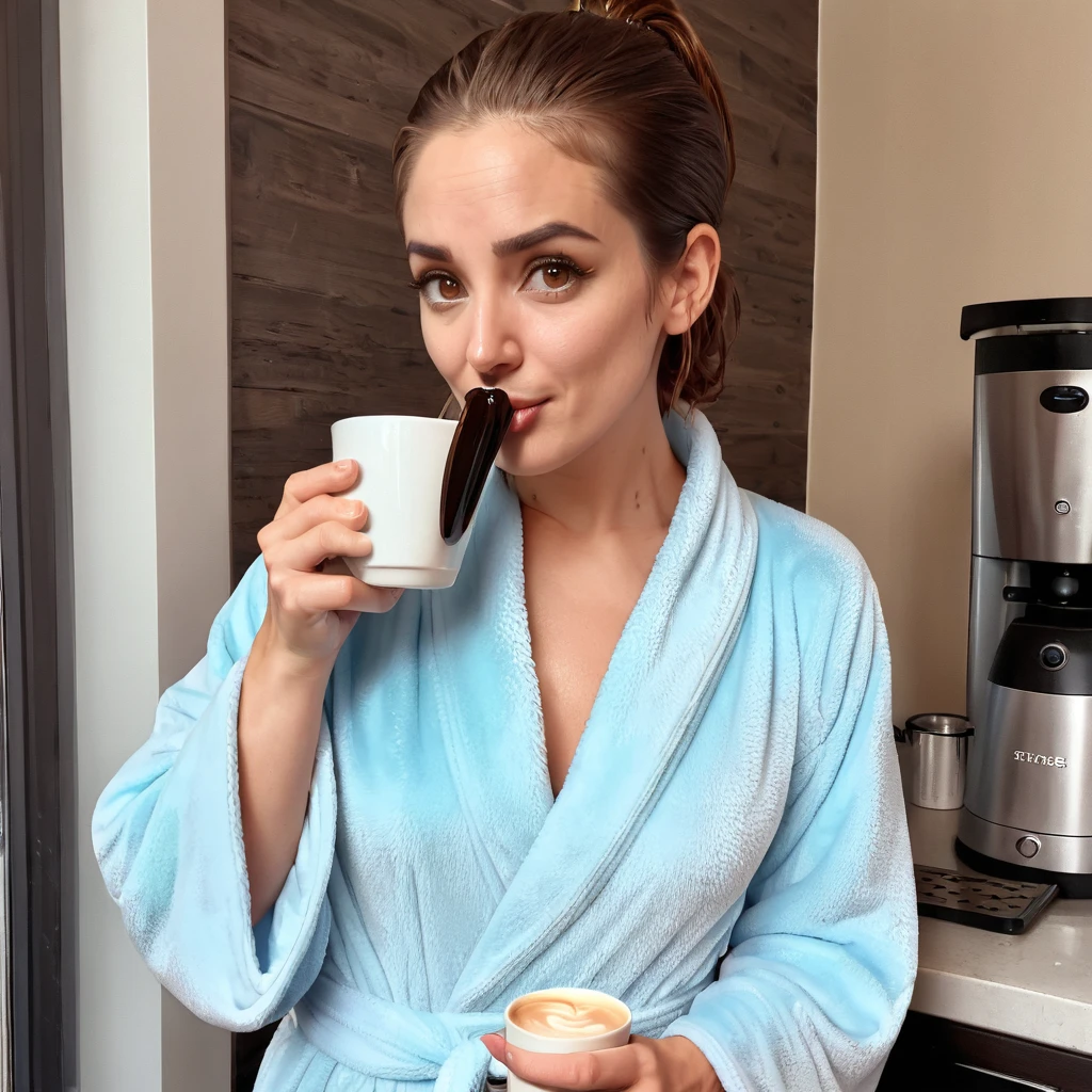 
bearded lady stubble beard shaggy, brown eyes, wet brown hair slicked back, big nose, in dressing gown serves coffee