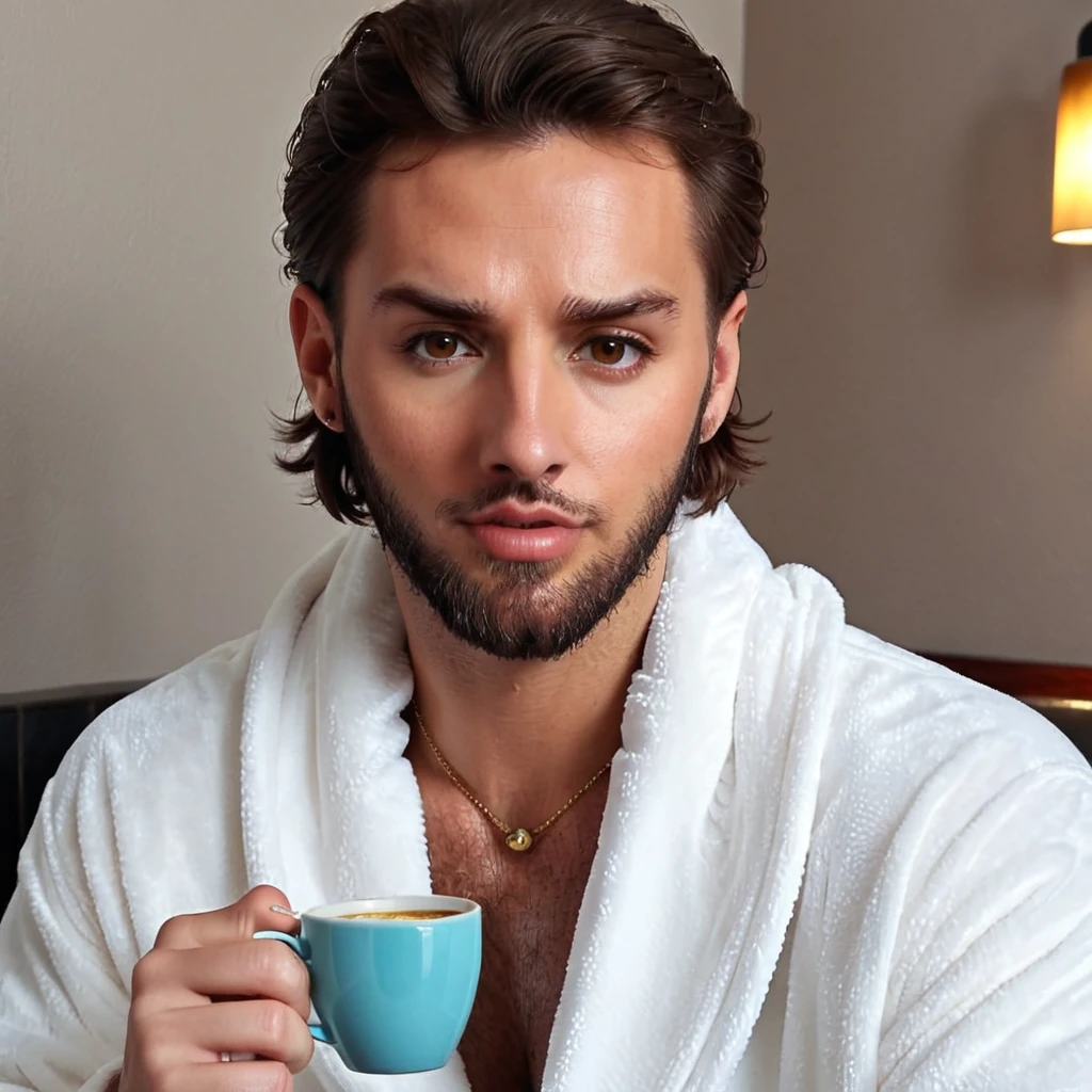 
bearded lady stubble beard shaggy, brown eyes, wet brown hair slicked back, big nose, in dressing gown serves coffee