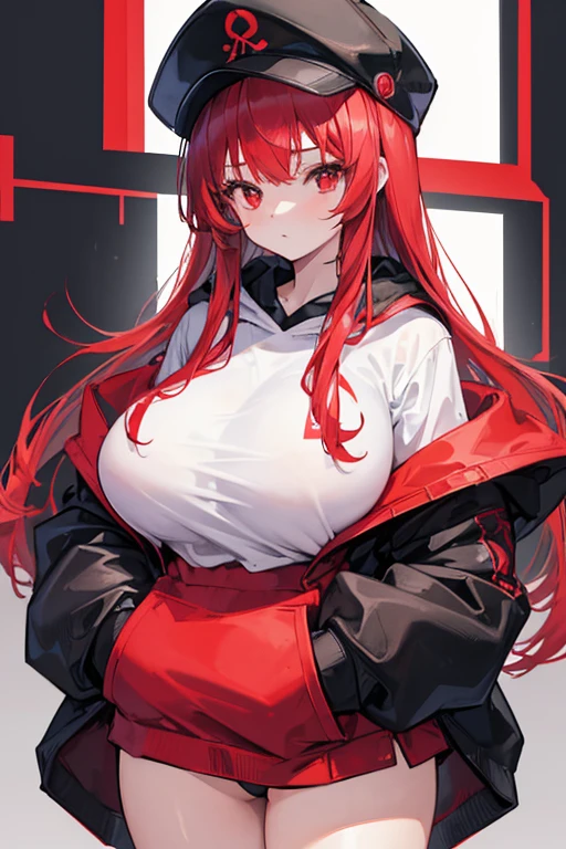 1 girl, alone, (Masterpiece, Top Quality, Top Resolution, Clear _Image, Detailed Description) Cute Japanese girl, red long hair, wearing oversized black long sleeve hoodie, off the shoulder:1.2, mob cap, hands in pockets, cute, red eyes, red mini skirt, huge tits, huge , thick thighs