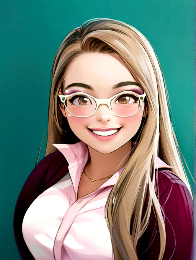 Pixar style image with 3D character white prescription glasses woman long straight hair dark brown eyes dancing, internal body with legs and foot, Disney makeup,fisherman, cute, smiling ,pixar, Disney, cinema lighting,