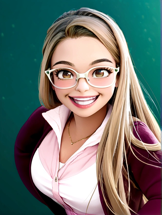 Pixar style image with 3D character white prescription glasses woman long straight hair dark brown eyes dancing, internal body with legs and foot, Disney makeup,fisherman, cute, smiling ,pixar, Disney, cinema lighting,