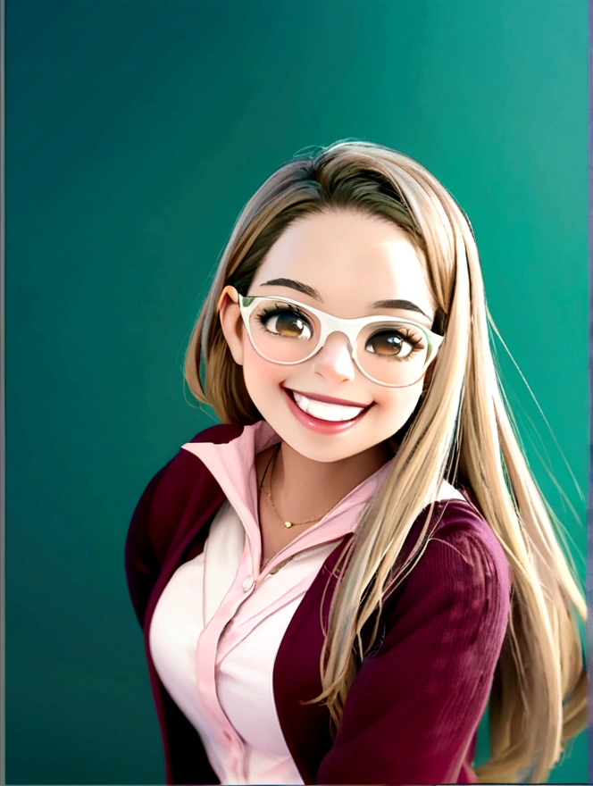 Pixar style image with 3D character white prescription glasses woman long straight hair dark brown eyes dancing, internal body with legs and foot, Disney makeup,fisherman, cute, smiling ,pixar, Disney, cinema lighting,