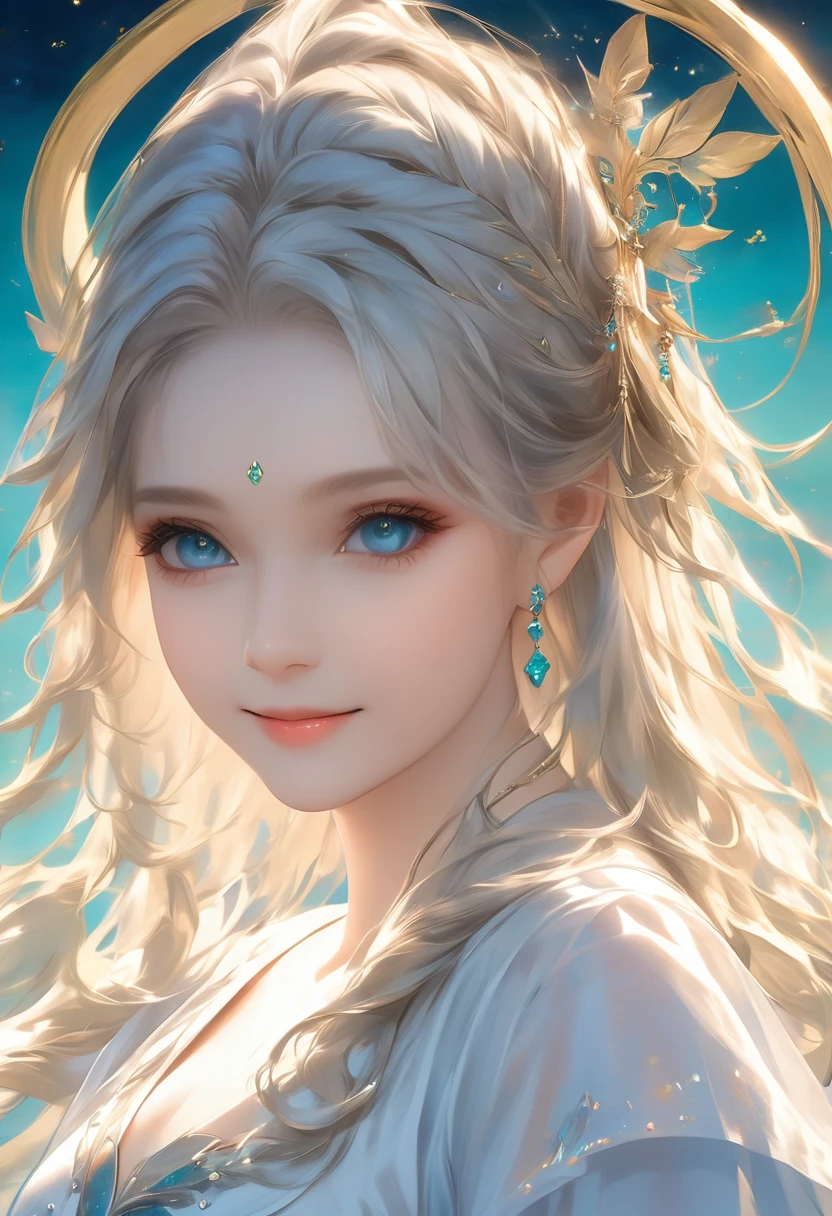 masterpiece, Great painting, figure,8K, Super detailed, high quality, A woman with a goddess-like smile,euphilia, One Girl,長いブロンドの髪とDarkturquoise eyesをしたWhite Dressを着たアニメの女の子 ブルゴーニュ, Platinum Earrings, Platinum Necklace, White Dress, One girl, cute, (Dynamic Light: 1.2), Cinematic Light, Delicate facial features, Fine grain, Sharp pupils, Realistic students, Depth of written boundary, Background blur, Clear focus, (Super detailed, Hello, shine: 1.4), Lots of little gems