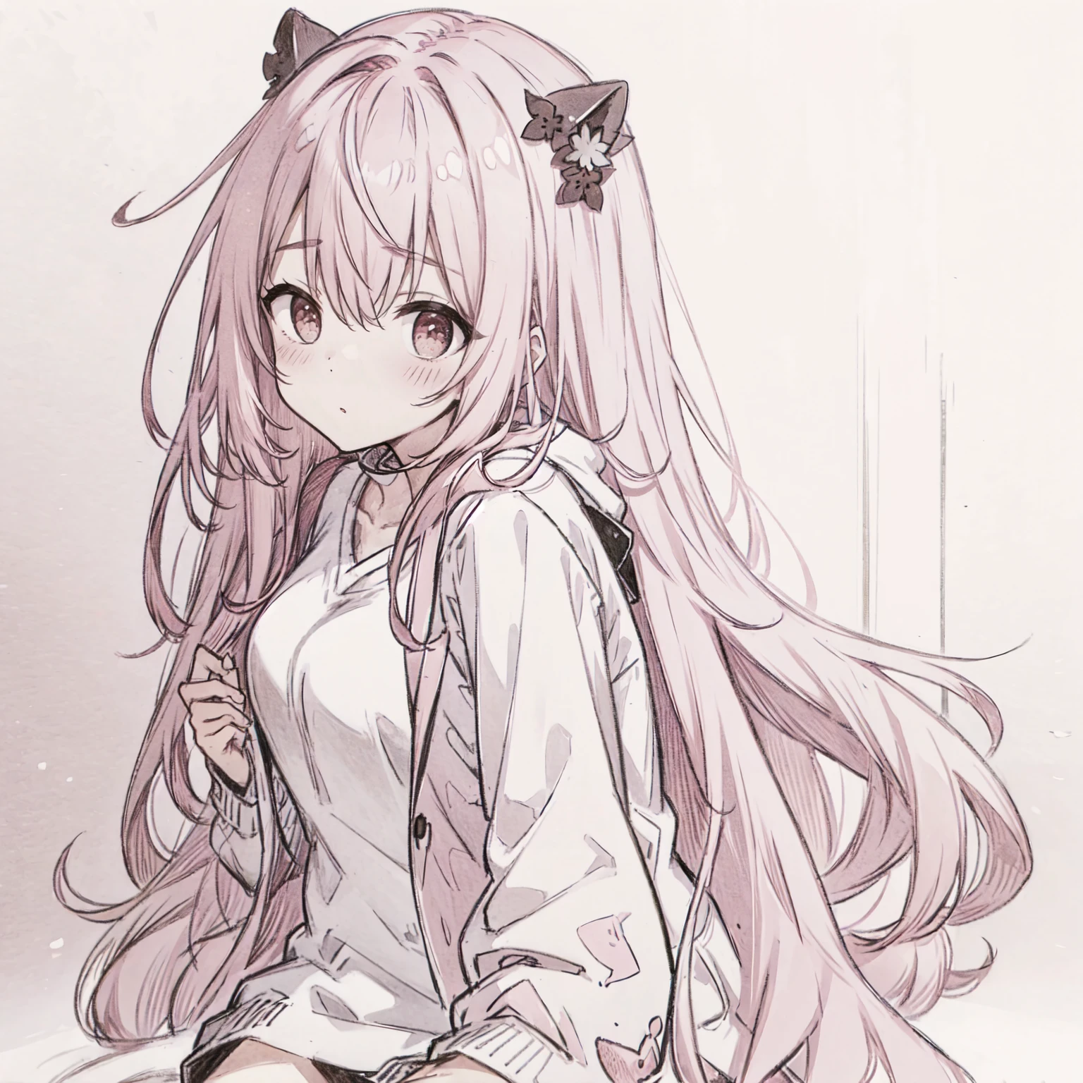 masterpiece, best quality, sketch, Pink Hair,masterpiece, best quality, faint blush, Cardigan,