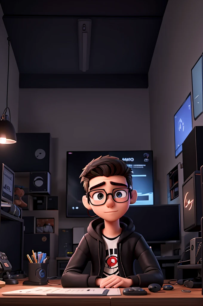 Creates an 18-year-old young man wearing glasses and gaming headphones inside an all-black room with gaming LEDs and him playing on the PC/ Disney