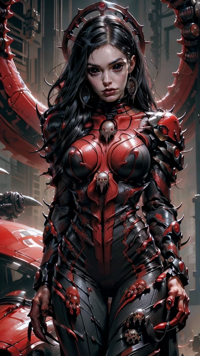 Megan fox as female carnage/witchblade, (red carnage witchblade muscular physique:1.25), (carnage/witchblade anatomy:1.25), (cybernetic tentacles extending from head:1.25), (mouth wide open, carnage style), (perfect hands with witchblade claws:1.26), Realistic, Very detailed face and eyes, (masterpiece:1.1), (best quality:1.1), (beautiful girl face:1.45)