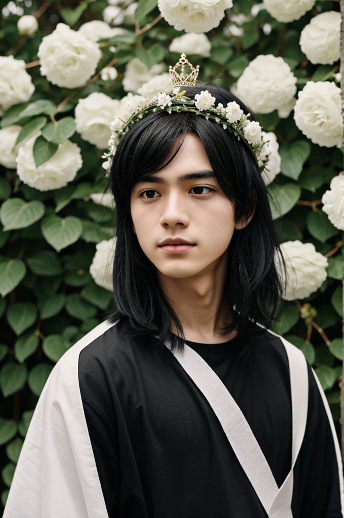 a black haired boy, pale and with a crown of flowers