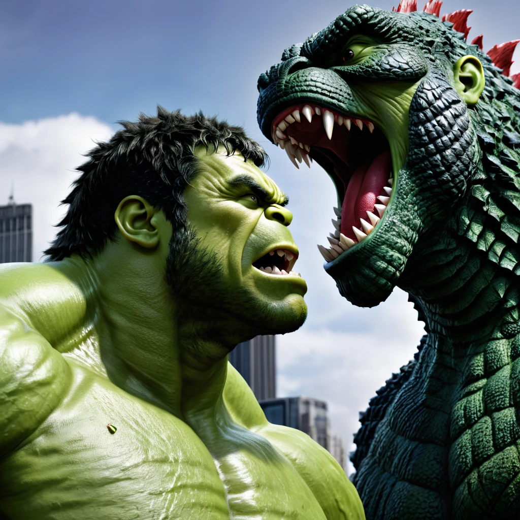 Create a portrait of fight between hulk and Godzilla, detailed cg, realistic portrait.