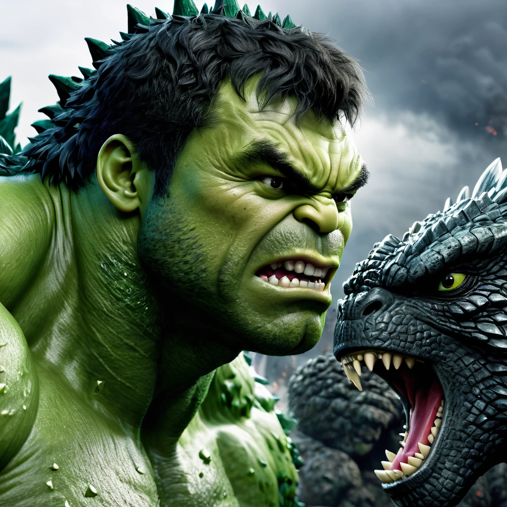 Create a portrait of fight between hulk and Godzilla, detailed cg, realistic portrait.
