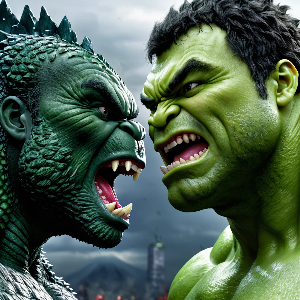 Create a portrait of fight between hulk and Godzilla, detailed cg, realistic portrait.