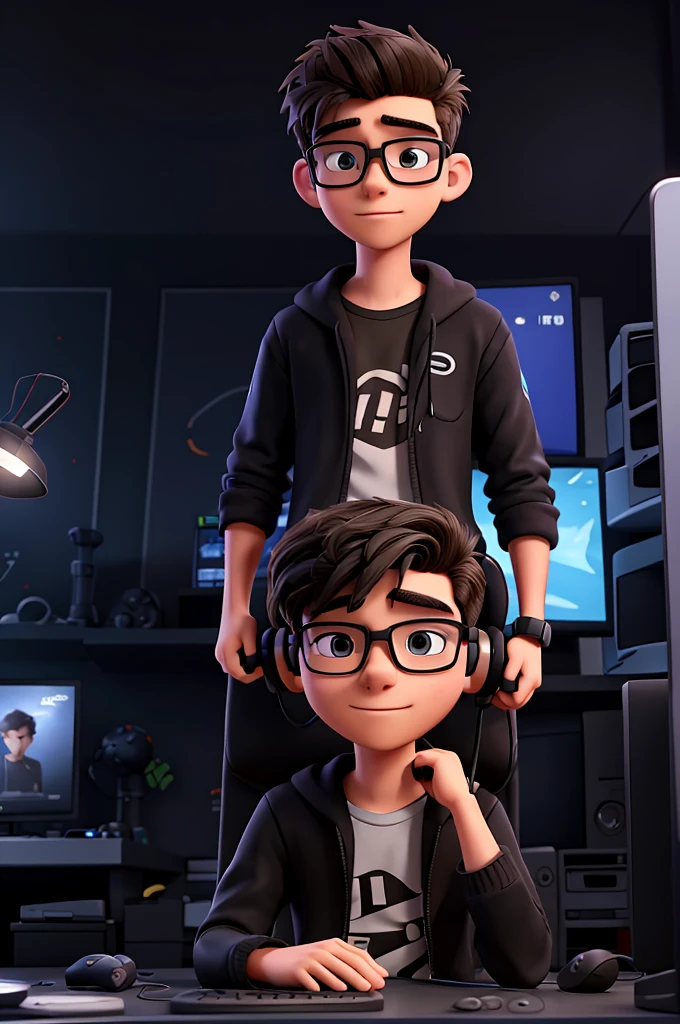 Creates an 18-year-old young man wearing glasses and gaming headphones inside an all-black room with gaming LEDs and him playing on the PC/ アニメ