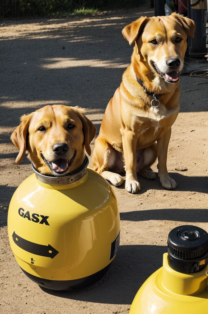 A yellow dog sits on a gas bottle and lets it explode and grins
