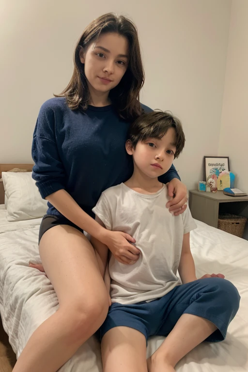 young boy sitting on his mother's lap in a cozy bedroom, appropriate blue underwear clothes. mother and son, 1boy, jackpot please, big thighs, horizontal colors shirt. black on bottom white on top
