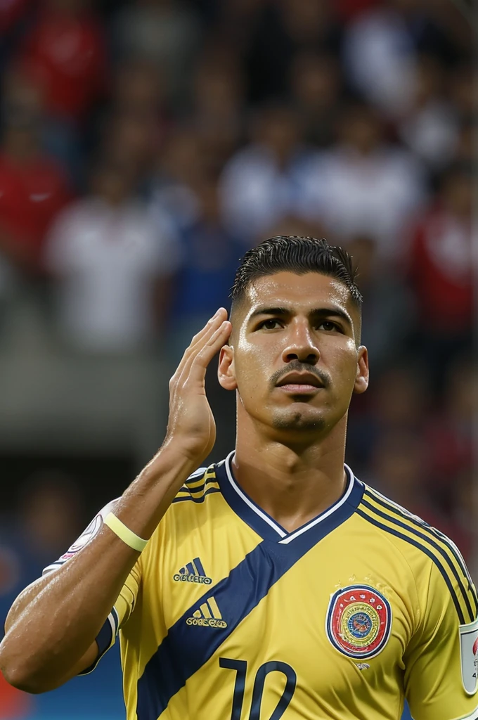 Give me an image of the Colombia team with the following players Andrés Escobar in the background Pablo armero James Rodríguez falcao García the foot valderrama Miguel calero Oscar Córdoba agustino asprilla the foot valderrama