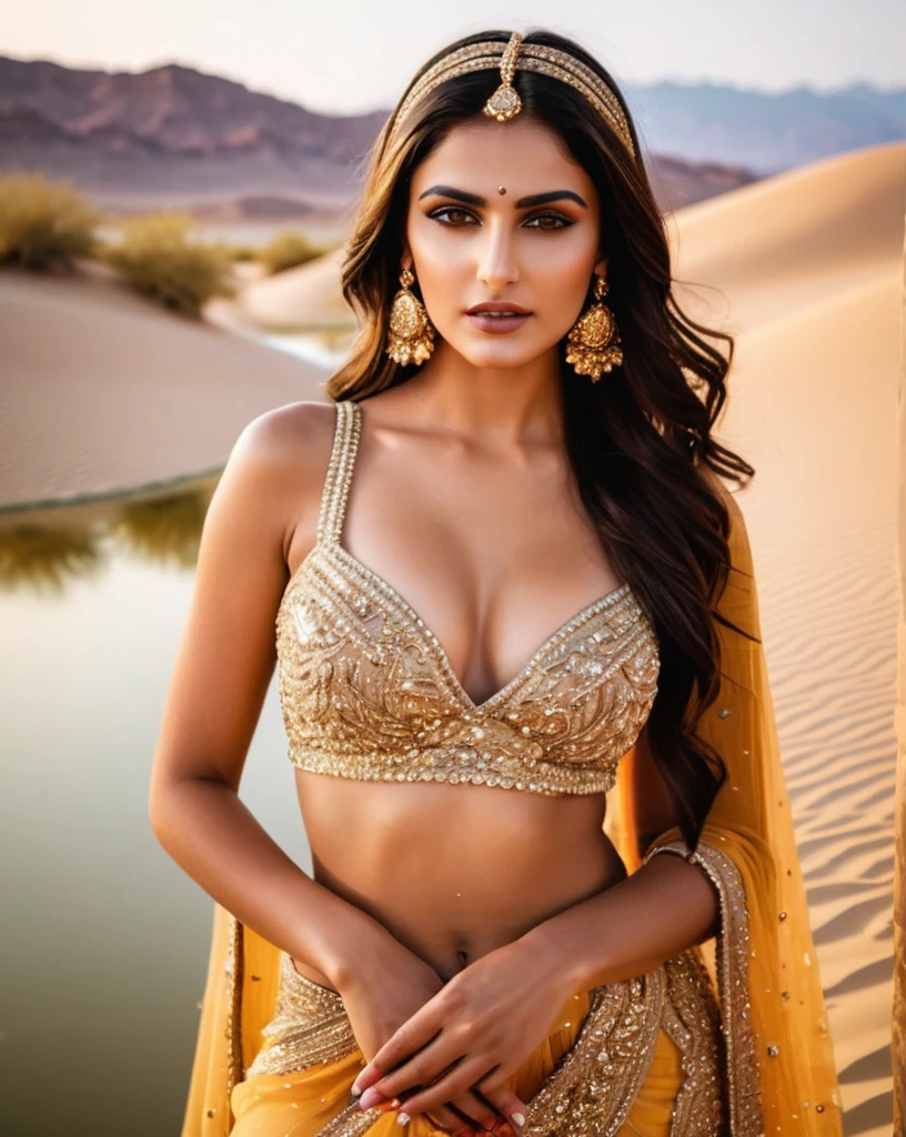A mesmerizing American Instagram model, bright turkish girl, tall, wearing a glamorous lehenga choli intricately embellished with sequins and beads, her makeup exuding elegance with bold eyes and soft lips, posing against the backdrop of a majestic pond over the desert dunes, casting a golden hue over the landscape, highlighting her allure and sophistication, Photography, high-resolution DSLR with a telephoto lens, fair complexion, ultra realistic, beautiful face, deep cleavage:1.5, medium size beautiful breast, same dress, bright wihte skin, very deep cleavage,