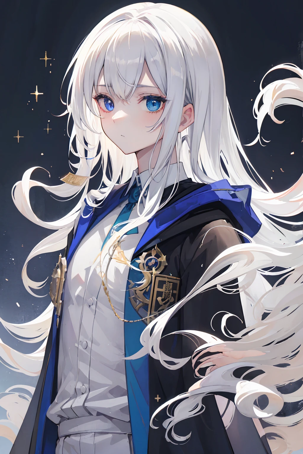 (masterpiece, highest quality:1.2), highest quality, masterpiece, high resolution, Anime style, portraiture, male, man, long hair, Silver hair, platinum blond hair, uniform for men, oversized coat, disproportionate cloak, Feminine appearance, magic, magic square, magician, Heterochromia eyes, dark blue eye, gold eyes